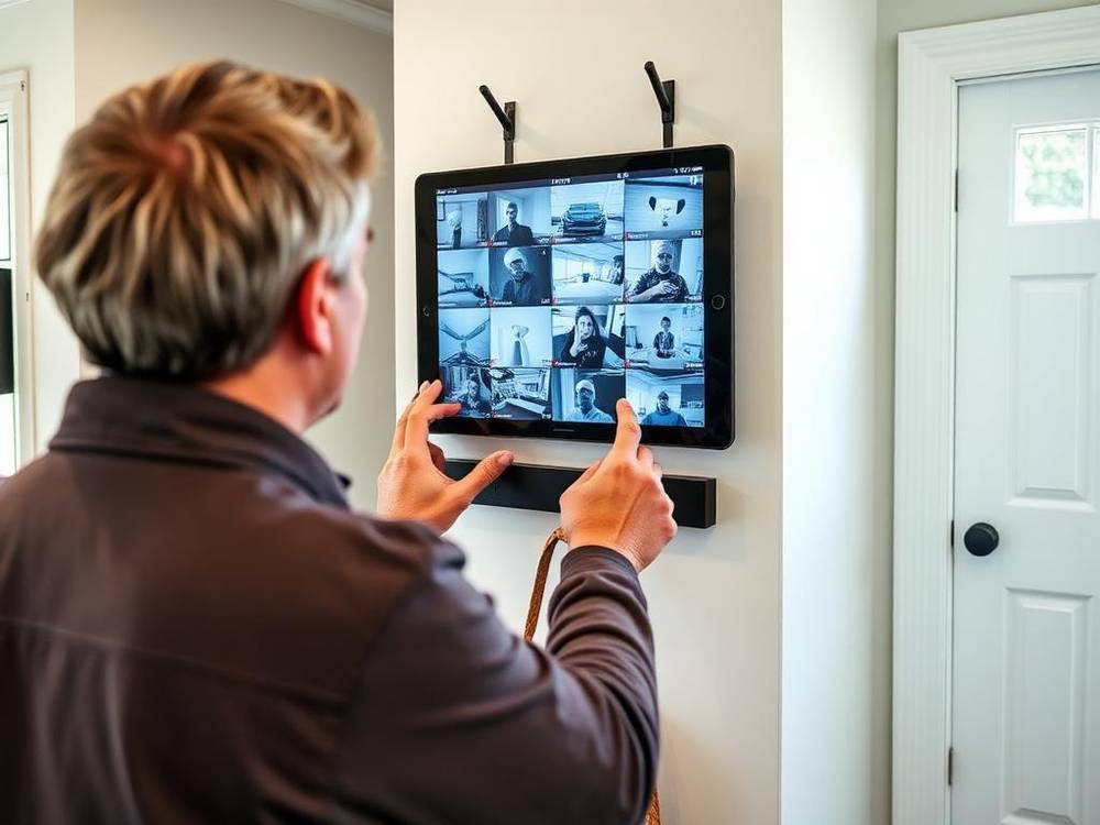 Homeowner viewing live security camera footage on smartphone app