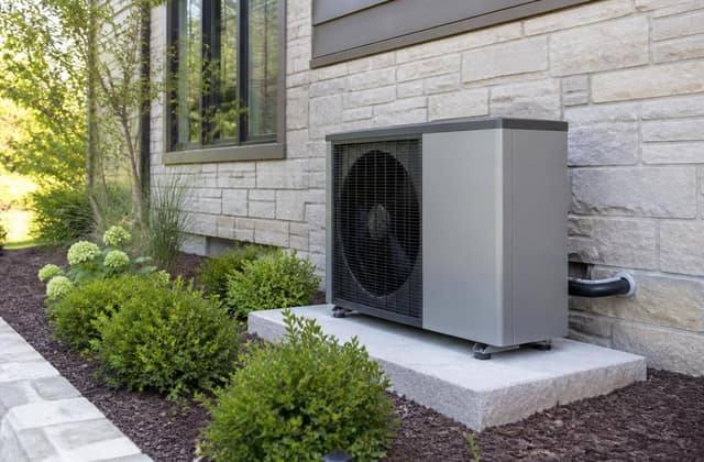 Modern residential heat pump installation beside a home