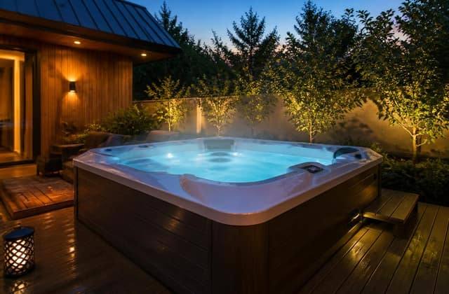 Residential hot tub installed on a backyard deck