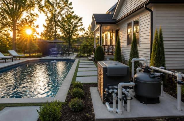 Residential backyard pool with pump and heater equipment pad
