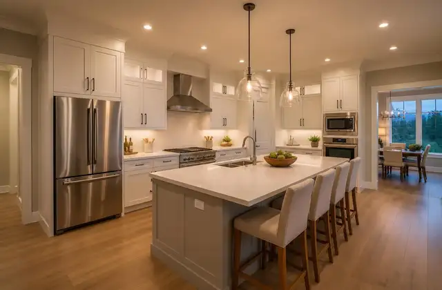 Recessed LED lighting in a finished kitchen with an island and wood flooring