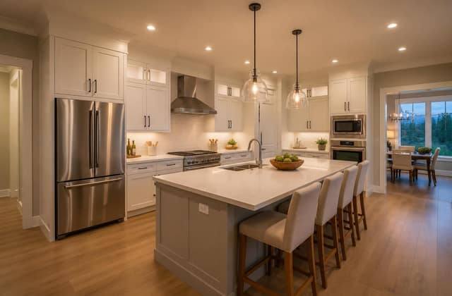 Newly renovated residential kitchen with pot lighting