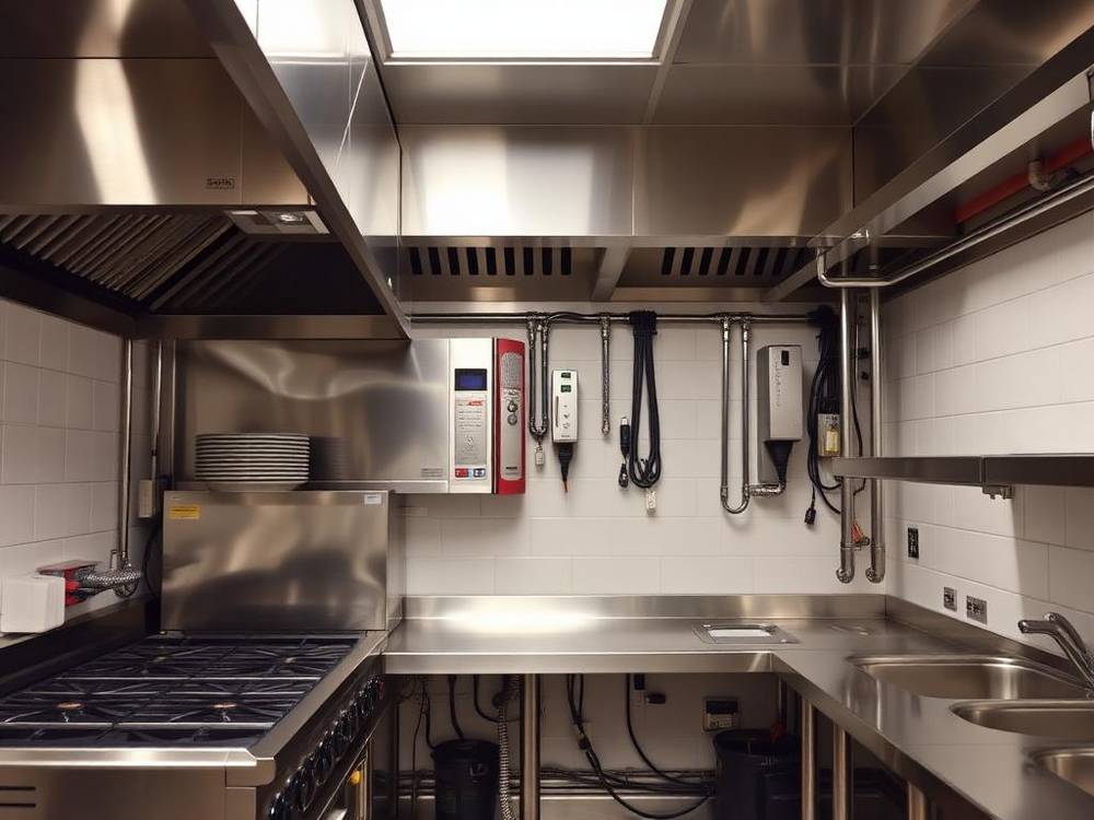 Restaurant kitchen with dedicated appliance circuits and GFCI-protected wet areas