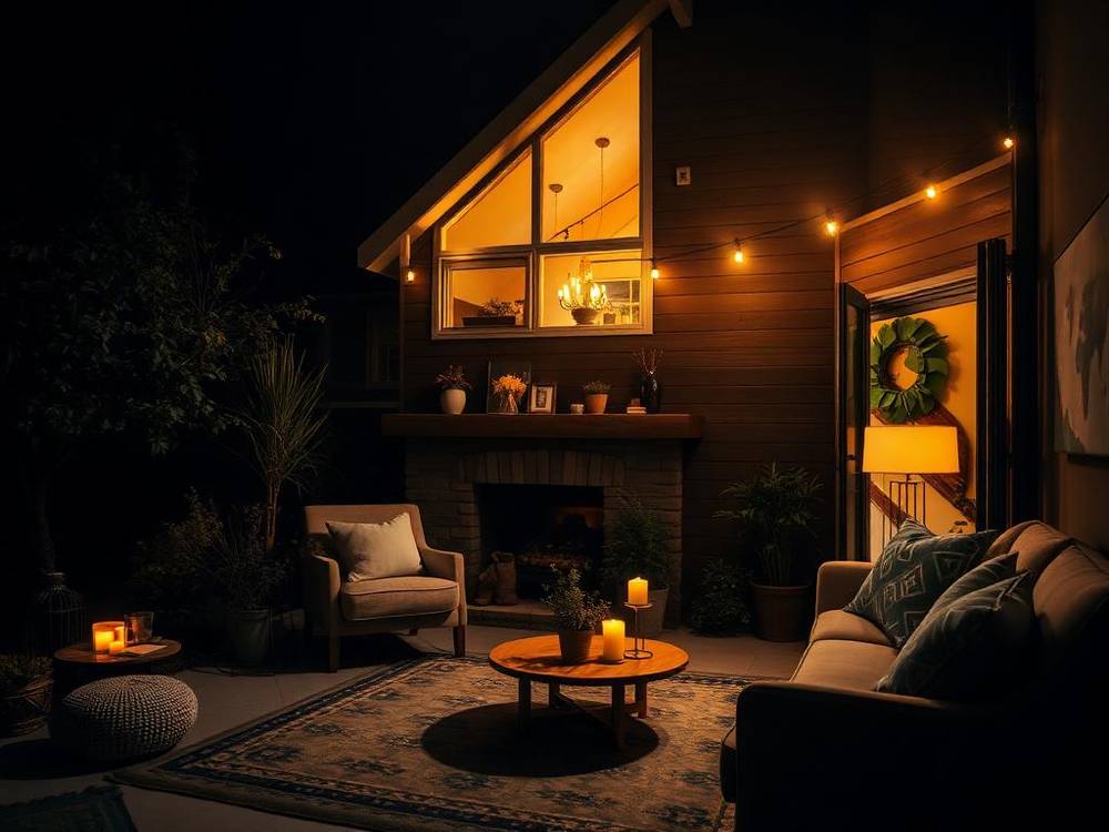 Home interior with lights on powered by a backup generator during an outage