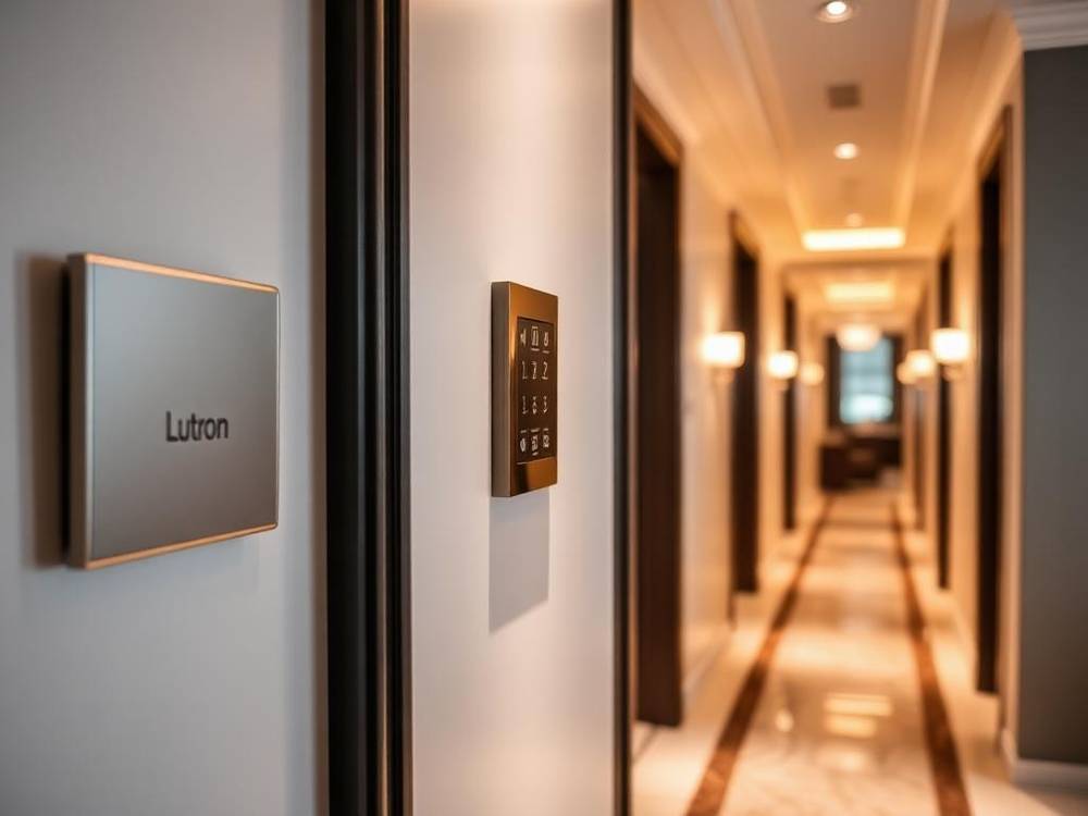 Engraved Lutron keypad on a designer wall in a luxury hallway