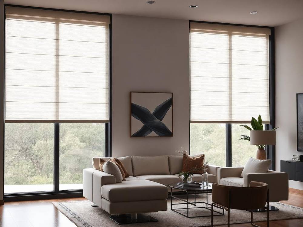 Motorized shades lowering on large windows in a modern living room