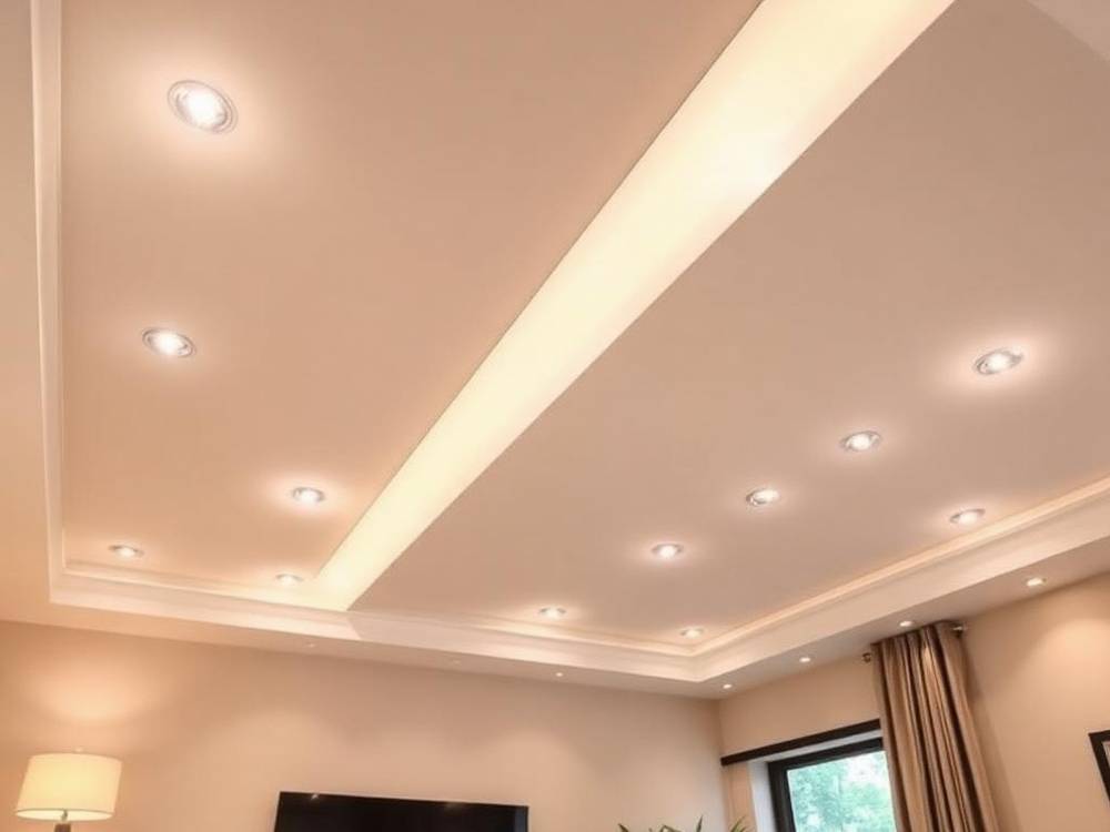 Living room with evenly spaced recessed LED pot lights installed by Tron Electrical