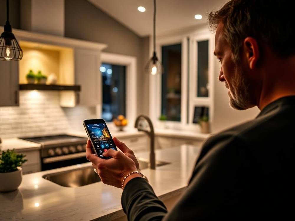 Homeowner controlling integrated home lighting from a phone app at night