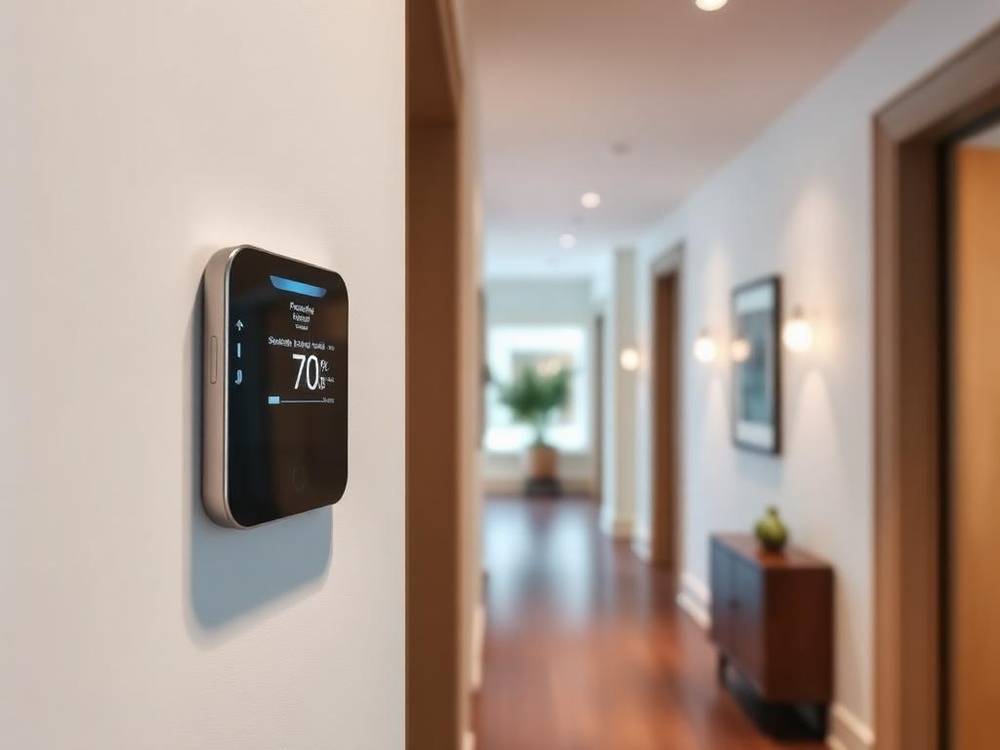 Smart thermostat cleanly installed on a hallway wall of a Toronto home
