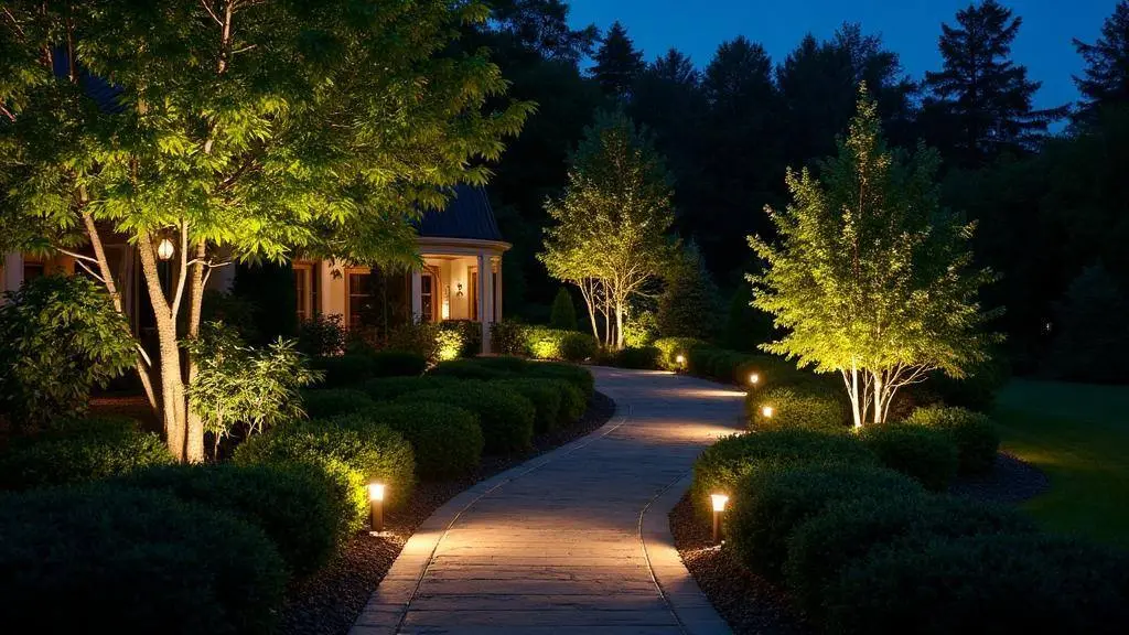 Pickering home exterior at night with landscape lighting