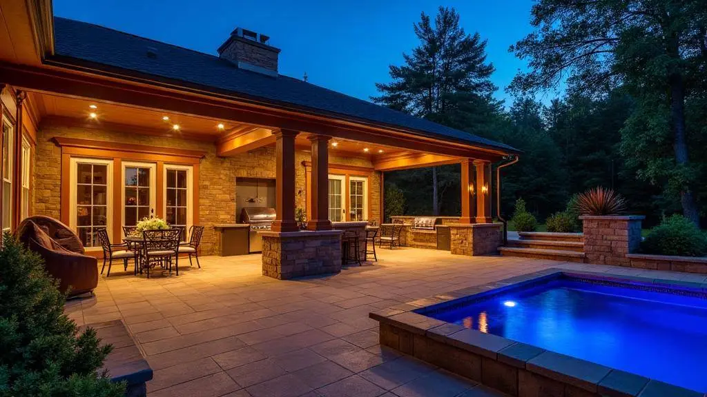 Little Italy home patio at dusk with warm string and garden lighting