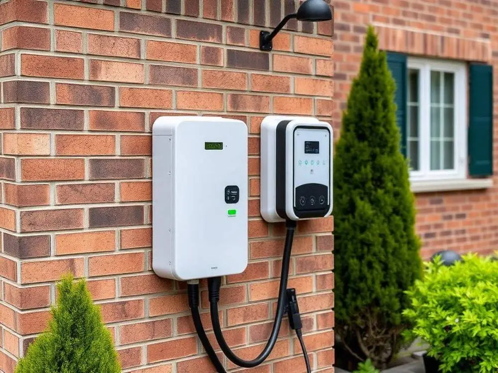 Level 2 EV charger installed on a garage wall with clean conduit by Tron Electrical
