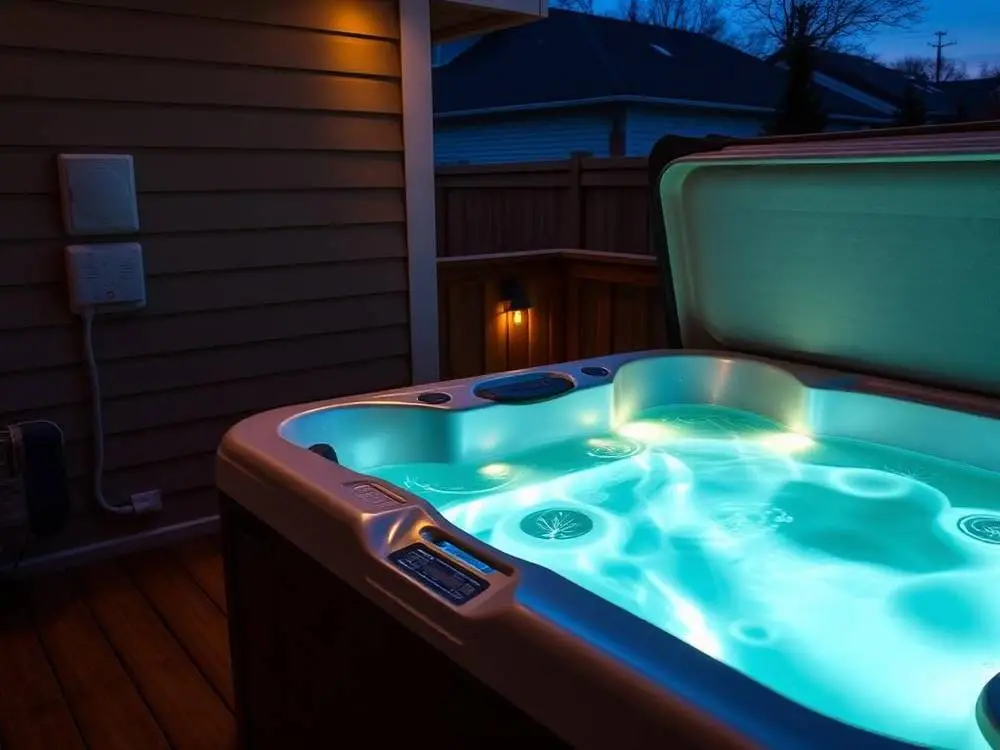 Hot tub on backyard deck with dedicated GFCI electrical connection in Toronto home