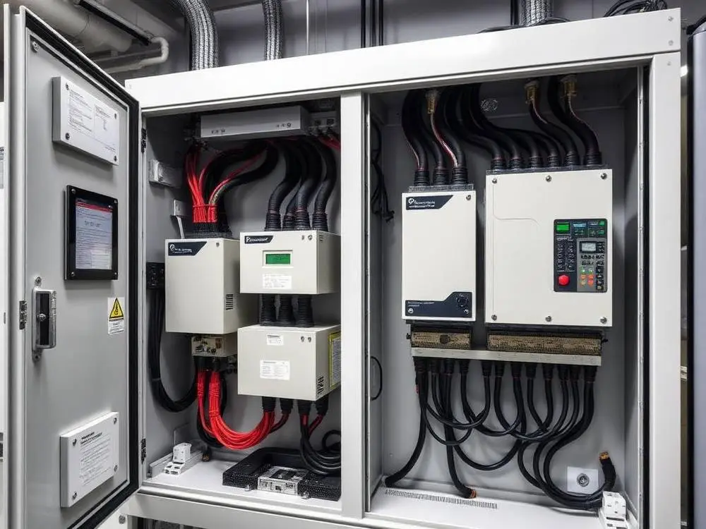 Newly wired industrial motor control center with starters and VFDs