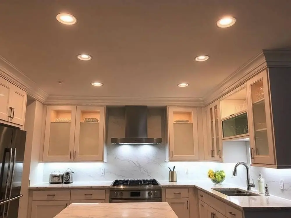Living room with evenly spaced recessed LED pot lights installed by Tron Electrical