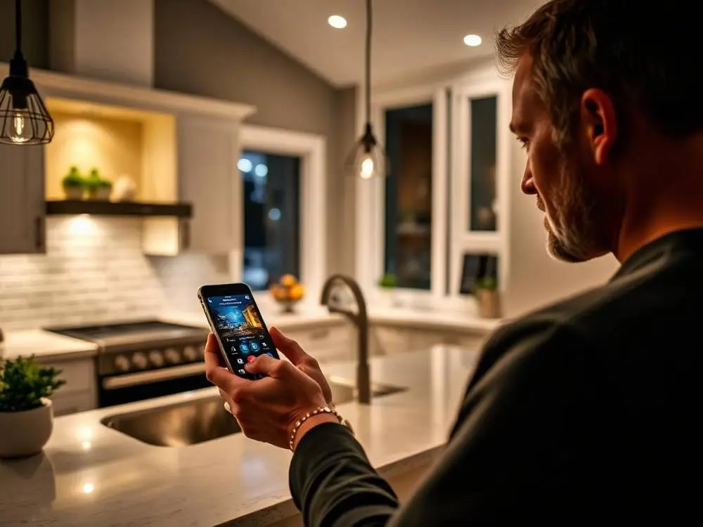 Homeowner controlling integrated home lighting from a phone app at night