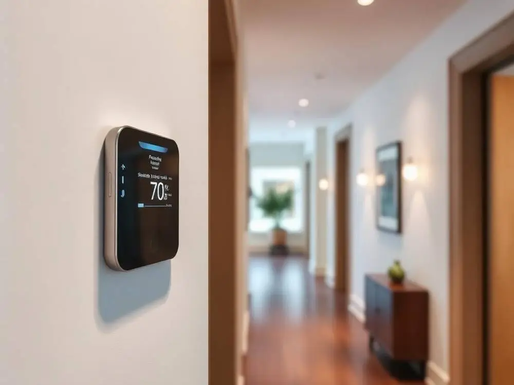 Smart thermostat cleanly installed on a hallway wall of a Toronto home